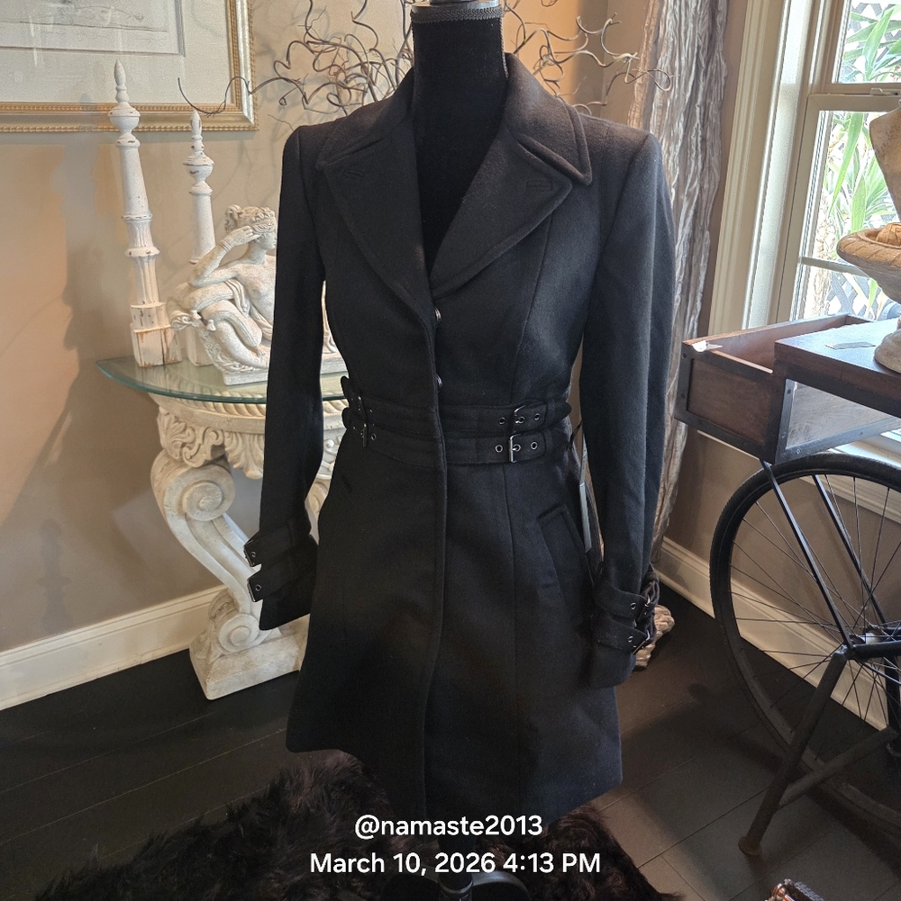 Bebe Lux Suiting Italian Fabric Double Belted Wool Blend Pea Coat Designer #113